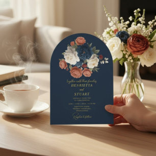Navy Floral Botanical All-in-One arched Wedding Invitation