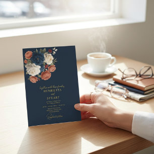 Navy Floral Botanical All-in-One Wedding  Invitation