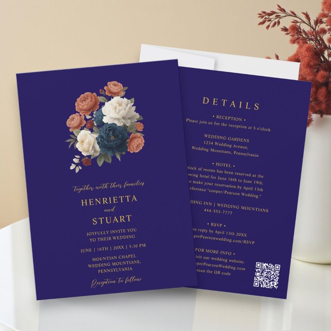 Navy Floral Botanical All-in-One Wedding  Invitation (Creator Uploaded)