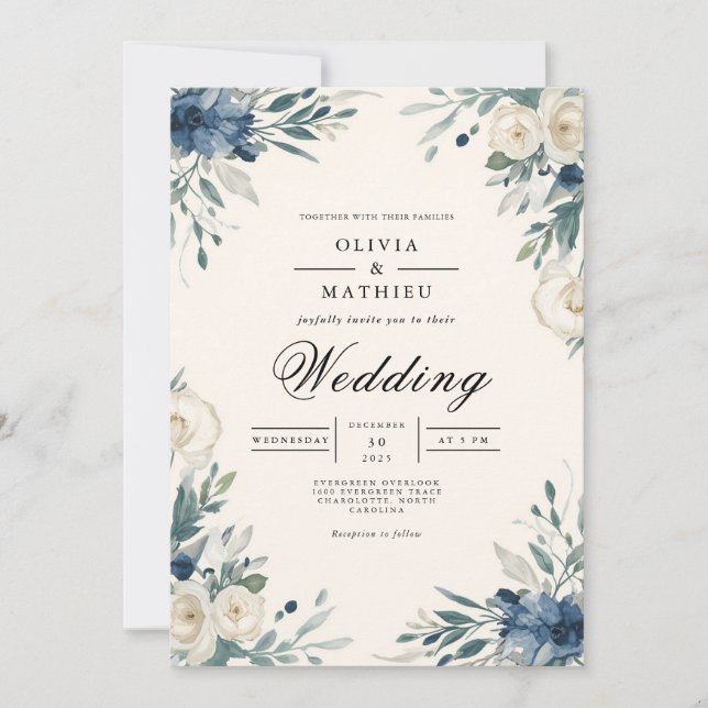 Navy Floral Botanical Arch Wedding Invitation (Front)