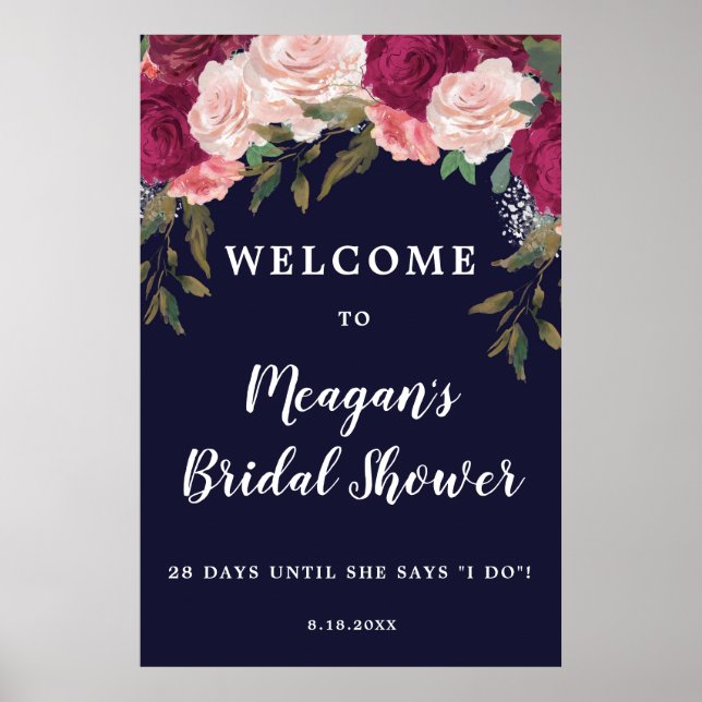 navy floral bridal shower welcome sign (Front)