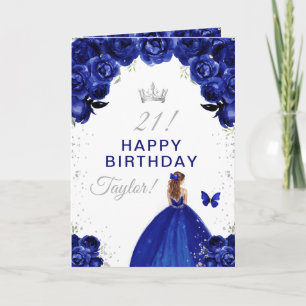 Navy Floral Brown Hair Girl Happy Birthday Card