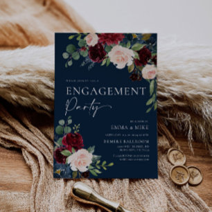 Navy Floral Burgundy Blush Engagement Invitation