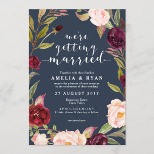 Navy Floral Burgundy Leafy Wedding Invitation