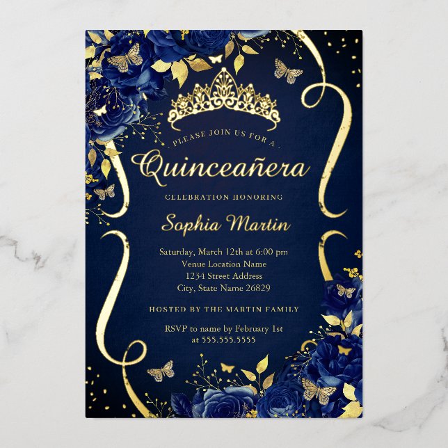 Navy Floral Butterfly Tiara Quinceanera (Front)