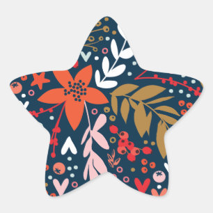 Navy Floral Christmas Pretty Holiday Star Sticker