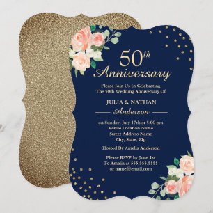 Navy Floral Confetti 50th Wedding Anniversary Invitation