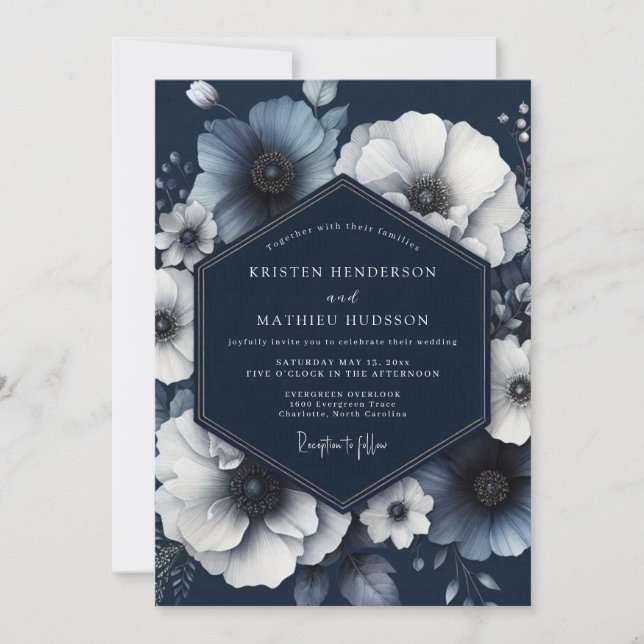 Navy Floral Dream Wedding Invitation (Front)