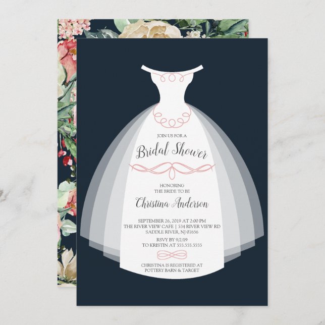 Navy Floral Elegance Bride Gown Bridal Shower Invitation (Front/Back)