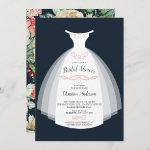 Navy Floral Elegance Bride Gown Bridal Shower Invitation