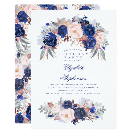 Navy Floral Elegant and Modern Birthday Party Card