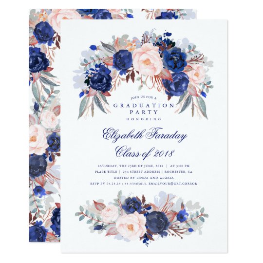 Navy Floral Elegant and Modern Graduation Party Card