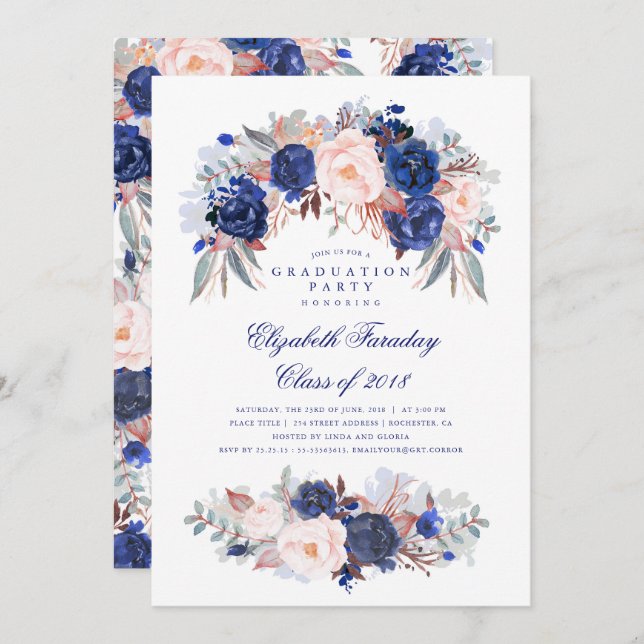 Navy Floral Elegant and Modern Graduation Party Invitation (Front/Back)