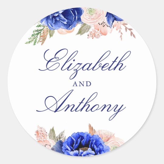 Navy Floral Elegant Wedding Classic Round Sticker