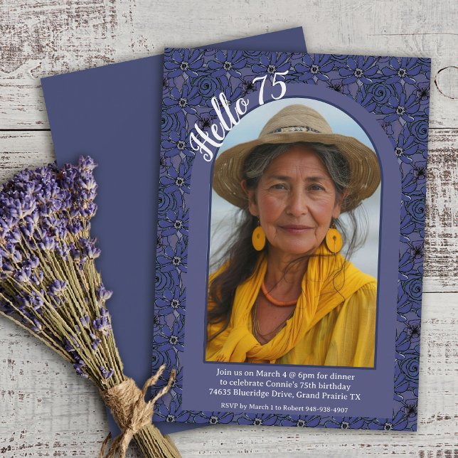 Navy Floral Elegant Whimsy Simple 75th Birthday Invitation (Creator Uploaded)