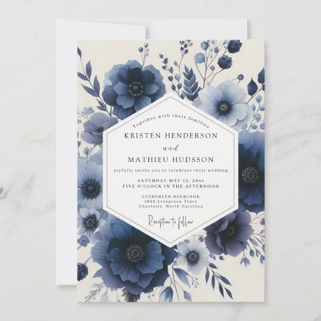 Navy Floral Enchantment Wedding Invitation (Front)