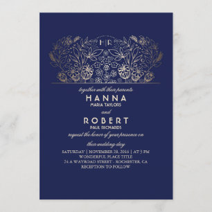 Navy Floral - Eternal Romance Gold Wedding Invitation