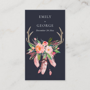 NAVY FLORAL FEATHER ANTLER WEDDING GIFT REGISTRY BUSINESS CARD