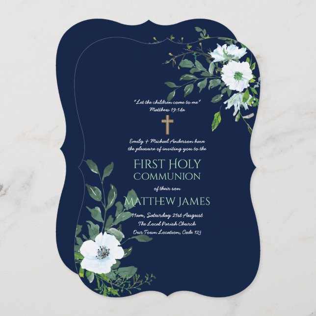 NAVY Floral First Holy Communion with verse Invitation (Front/Back)