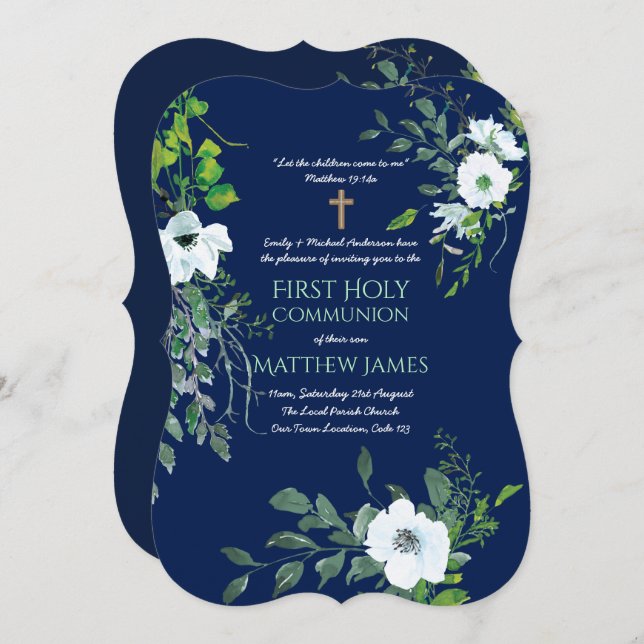 NAVY Floral First Holy Communion with verse Invitation (Front/Back)