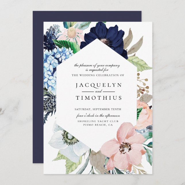 Navy Floral Frame Wedding Invitation (Front/Back)