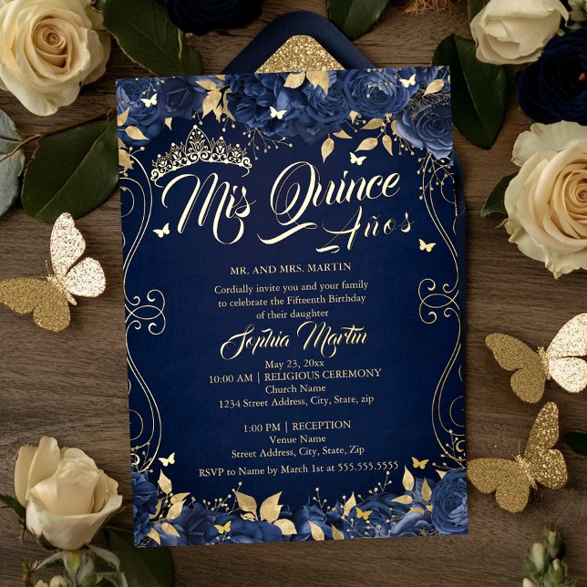 Navy Floral Garden Gold Mis Quince Quinceanera  (Creator Uploaded)