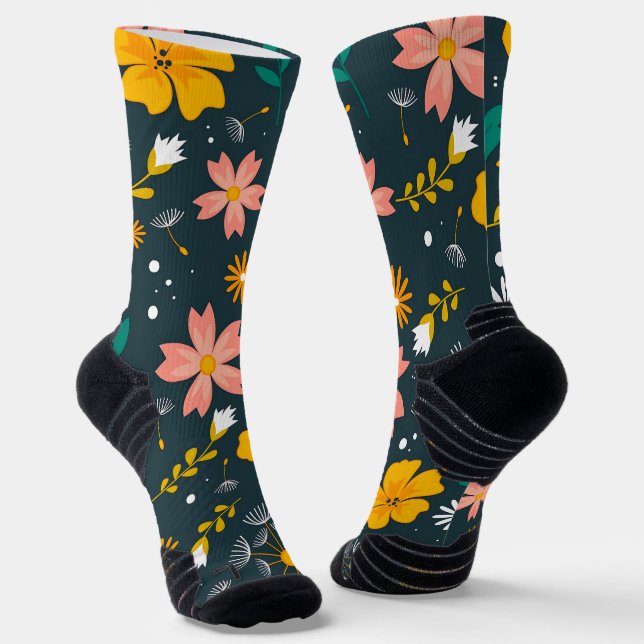 Navy Floral Garden Whimsical Spring Pattern Socks (Angled)