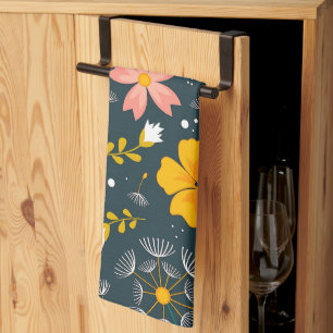 Navy Floral Garden Whimsical Spring Pattern Tea Towel