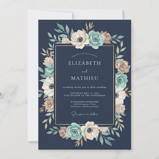 Navy Floral Garland Wedding Invitation (Front)