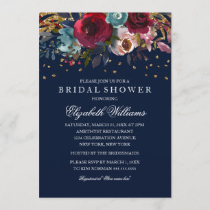 Navy Floral Glitter Burgundy Bridal Shower Invitation