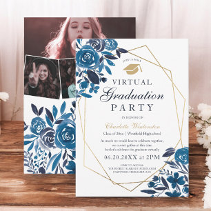 Navy floral gold frame photos virtual Graduation Invitation