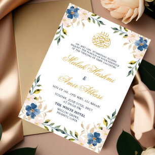 Navy Floral Gold Muslim Islamic Arabic Wedding Invitation