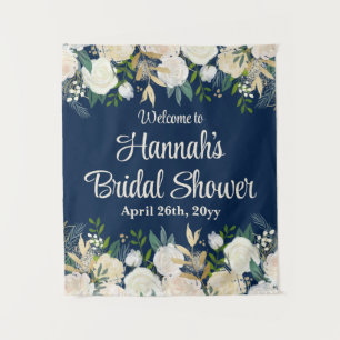 Navy Floral Greenery Rose Welcome to Bridal Shower Tapestry