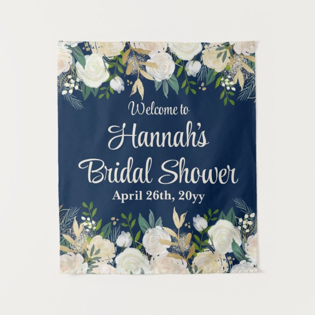 Navy Floral Greenery Rose Welcome to Bridal Shower Tapestry (Front)
