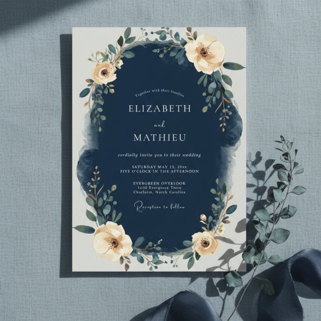 Navy Floral Laurel Wedding Invitation (Creator Uploaded)