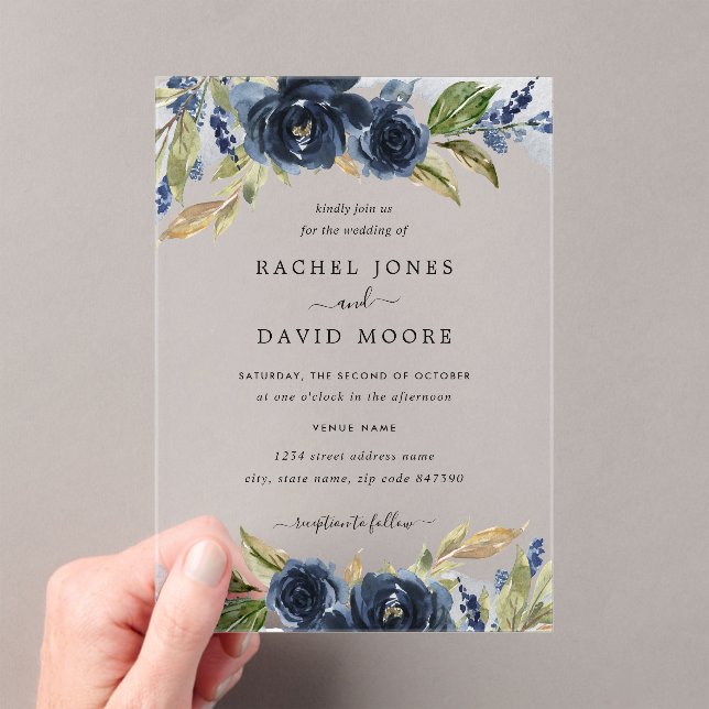 Navy Floral Leaf Clear Acrylic Wedding Invitation (Insitu (Handheld))