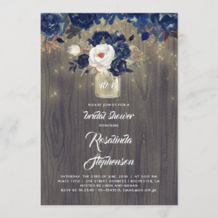 Navy Floral Mason Jar Rustic Bridal Shower Invitation