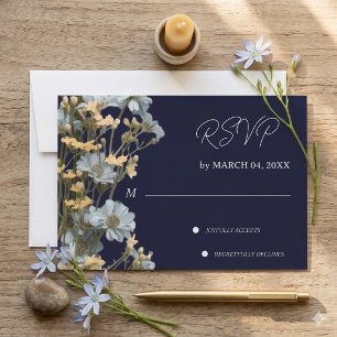 Navy Floral Modern Wedding RSVP Card