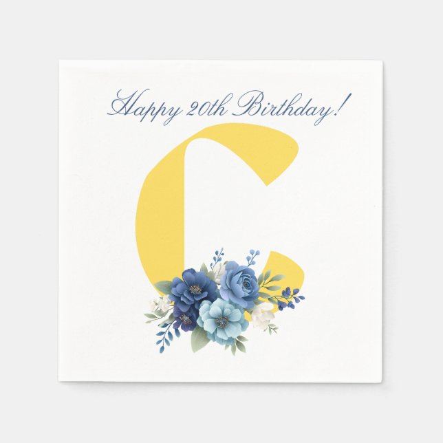 Navy Floral Monogram 20th Birthday Napkin (Front)