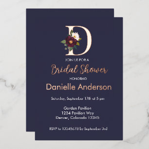 Navy Floral Monogram Letter D Bridal Shower Gold