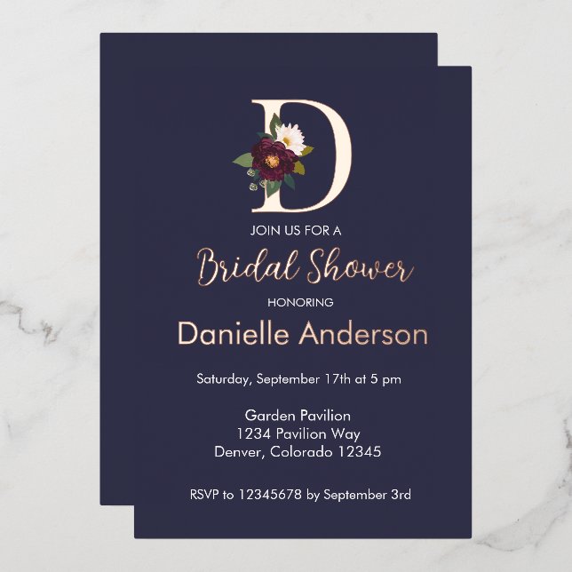 Navy Floral Monogram Letter D Bridal Shower Gold (Front/Back)