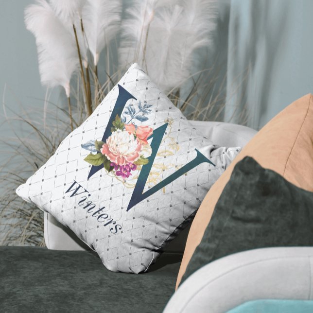 Navy Floral Monogram W Throw Pillow (Creator Uploaded)