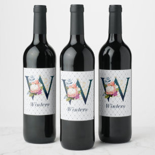 Navy Floral Monogram W Wine Label