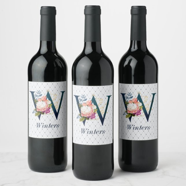 Navy Floral Monogram W   Wine Label (Bottles)
