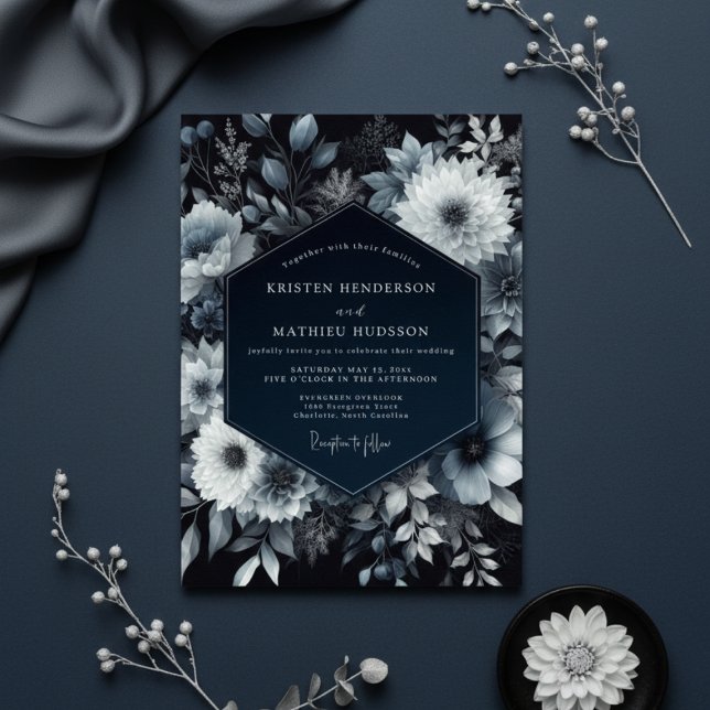 Navy Floral Moody Romance Wedding Invitation (Creator Uploaded)