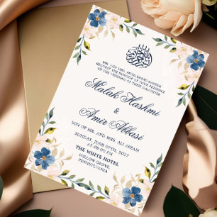 Navy Floral Muslim Islamic Nikah Arabic Wedding Invitation