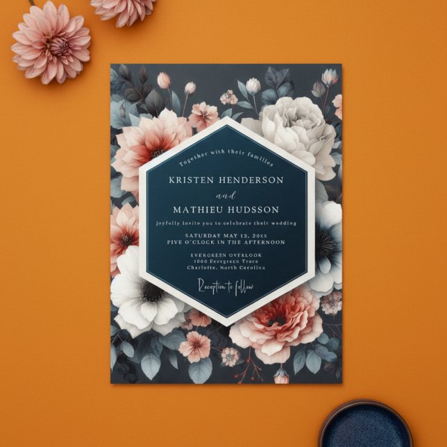 Navy Floral Opulent Romance Wedding Invitation (Creator Uploaded)