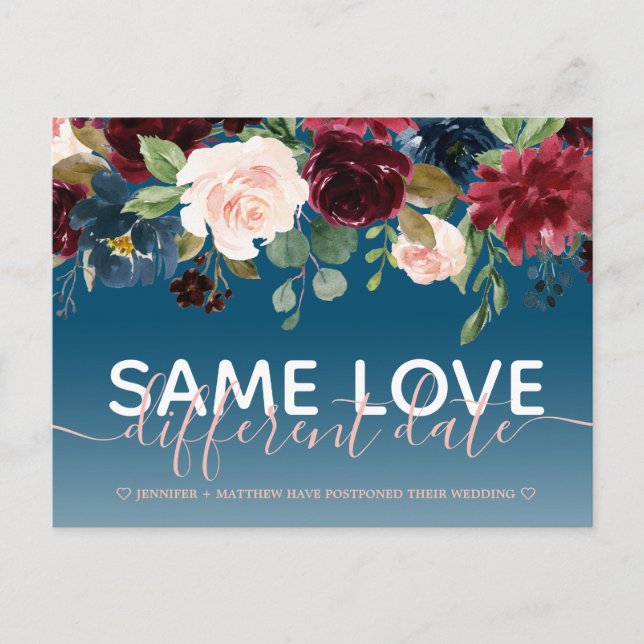 Navy Floral Other Date Wedding Typography Photo Announcement Postcard (Front)