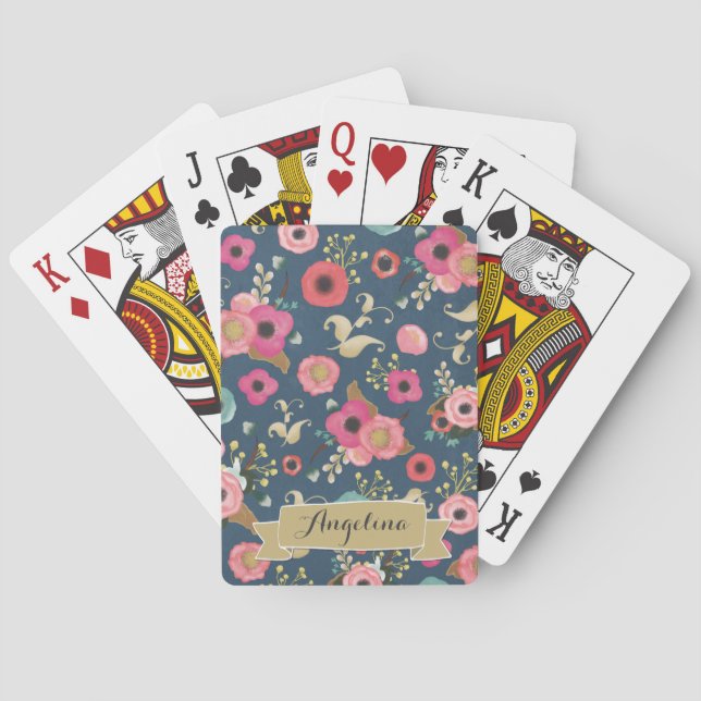 Navy Floral Pattern Personalised Playing Cards (Back)
