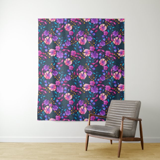 Navy Floral Pattern Watercolor Flowers Tapestry (In Situ)